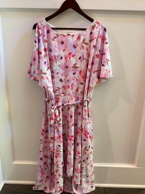 Anne Klein Light Pink Floral Midi Dress with Waist Tie